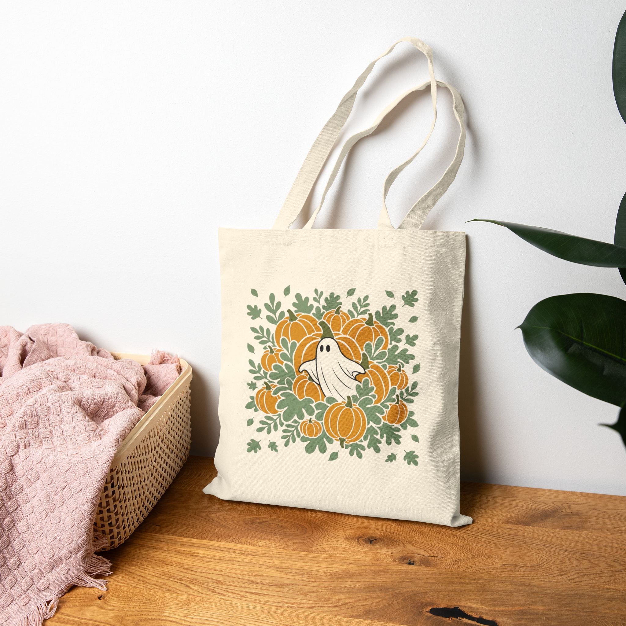 Autumn Ghost & Pumpkins Canvas Tote Bag